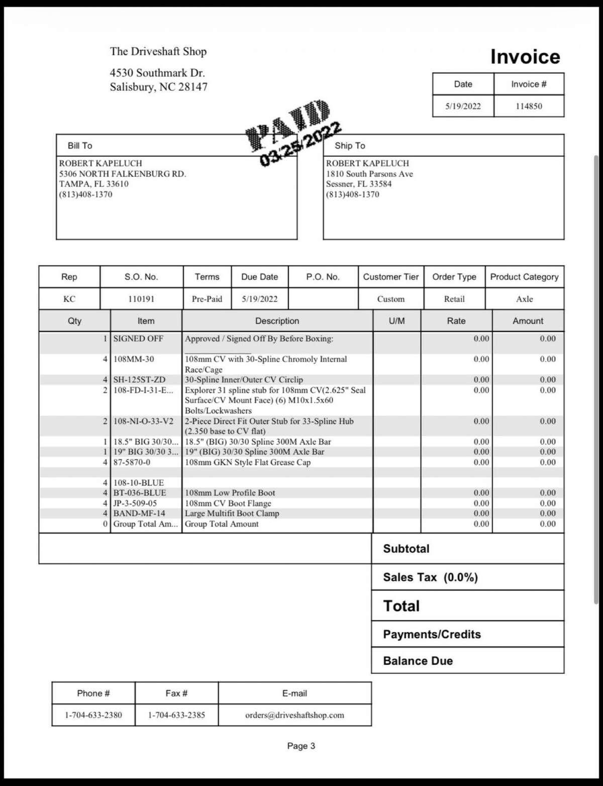 DSS invoice page 3 — parts list