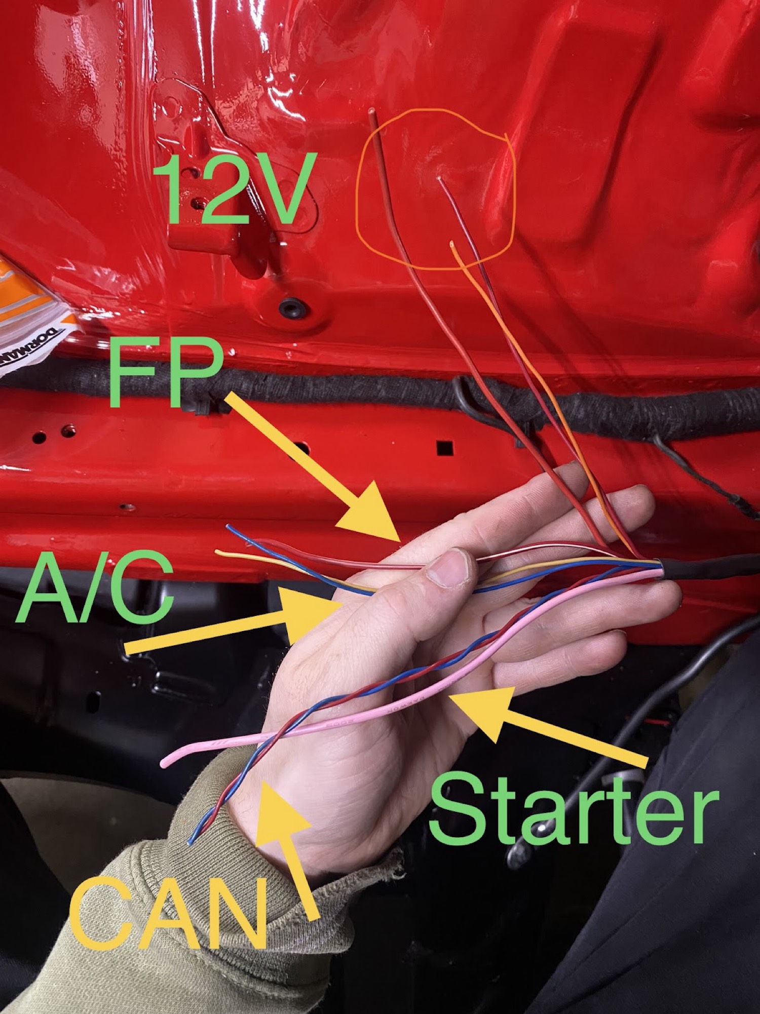 Passenger side fuse box wires labeled: 12V, FP, A/C, CAN, Starter